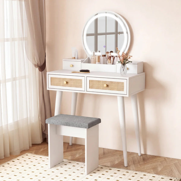 Iesa Boho Natural Rattan Vanity with LED Mirror and Stool  Wooden Bazar