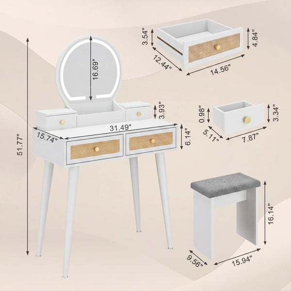 Iesa Boho Natural Rattan Vanity with LED Mirror and Stool  Wooden Bazar