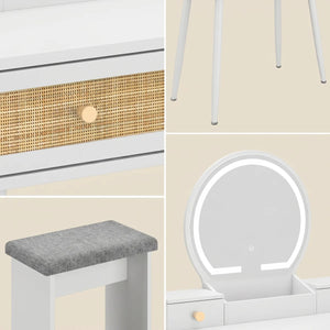 Iesa Boho Natural Rattan Vanity with LED Mirror and Stool  Wooden Bazar