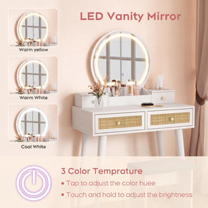 Iesa Boho Natural Rattan Vanity with LED Mirror and Stool  Wooden Bazar