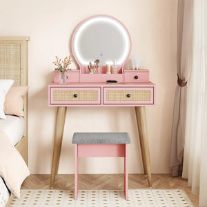 Iesa Boho Natural Rattan Vanity with LED Mirror and Stool  Wooden Bazar