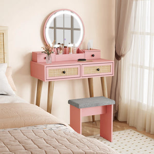 Iesa Boho Natural Rattan Vanity with LED Mirror and Stool  Wooden Bazar