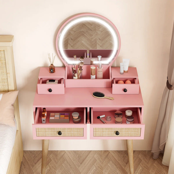 Iesa Boho Natural Rattan Vanity with LED Mirror and Stool  Wooden Bazar