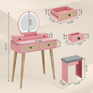 Iesa Boho Natural Rattan Vanity with LED Mirror and Stool  Wooden Bazar