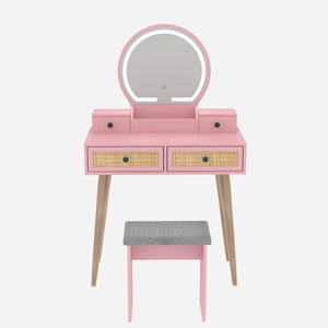 Iesa Boho Natural Rattan Vanity with LED Mirror and Stool  Wooden Bazar