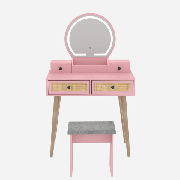 Iesa Boho Natural Rattan Vanity with LED Mirror and Stool  Wooden Bazar