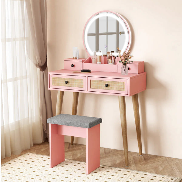 Iesa Boho Natural Rattan Vanity with LED Mirror and Stool  Wooden Bazar