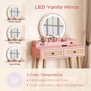 Iesa Boho Natural Rattan Vanity with LED Mirror and Stool  Wooden Bazar