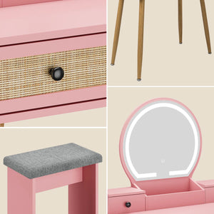 Iesa Boho Natural Rattan Vanity with LED Mirror and Stool  Wooden Bazar