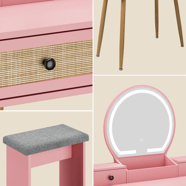 Iesa Boho Natural Rattan Vanity with LED Mirror and Stool  Wooden Bazar