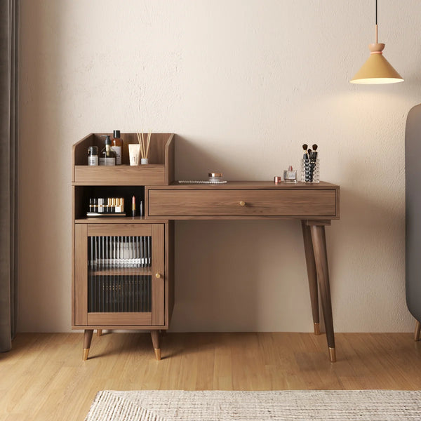 Ismar Walnut Storage Makeup Vanity Adjustable Desk,Dressing Table with Solid Wood Legs  Wooden Bazar