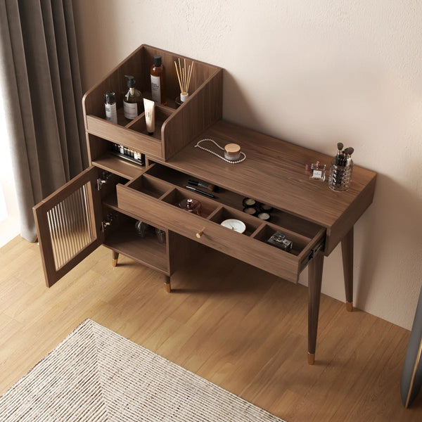 Ismar Walnut Storage Makeup Vanity Adjustable Desk,Dressing Table with Solid Wood Legs  Wooden Bazar