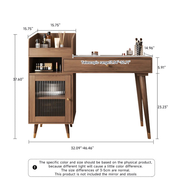 Ismar Walnut Storage Makeup Vanity Adjustable Desk,Dressing Table with Solid Wood Legs  Wooden Bazar