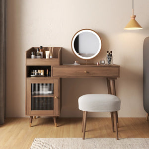 Ismar Walnut Storage Makeup Vanity Adjustable Desk,Dressing Table with Solid Wood Legs  Wooden Bazar