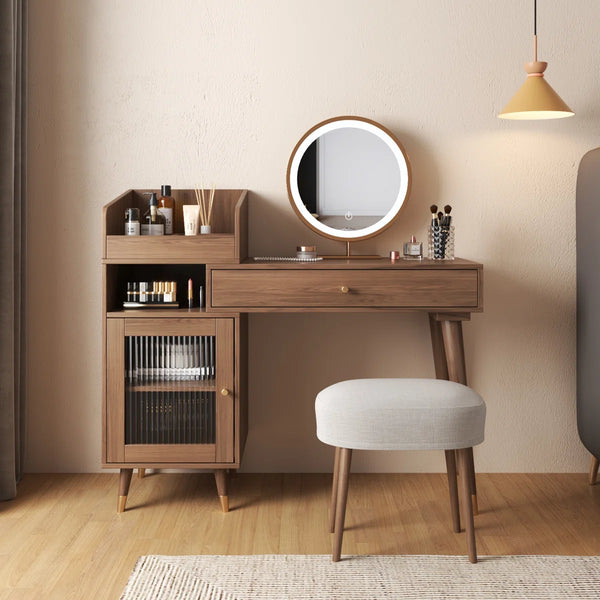 Ismar Walnut Storage Makeup Vanity Adjustable Desk,Dressing Table with Solid Wood Legs  Wooden Bazar