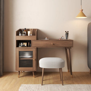 Ismar Walnut Storage Makeup Vanity Adjustable Desk,Dressing Table with Solid Wood Legs  Wooden Bazar