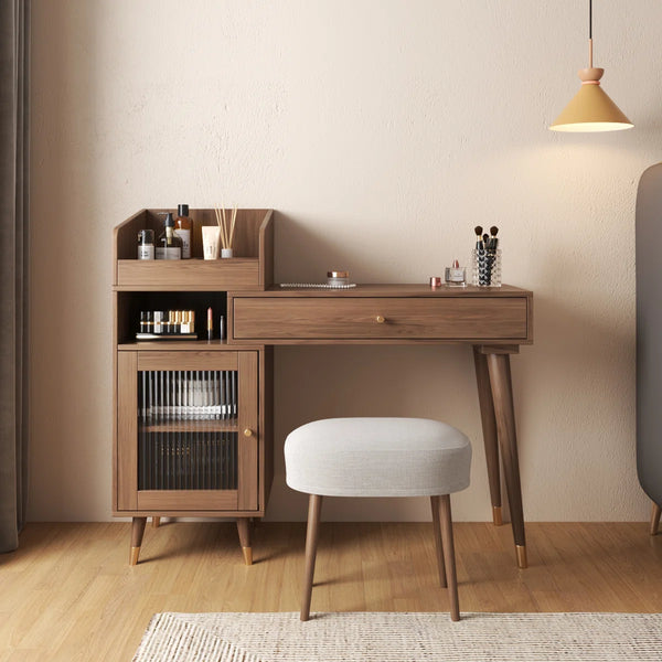 Ismar Walnut Storage Makeup Vanity Adjustable Desk,Dressing Table with Solid Wood Legs  Wooden Bazar