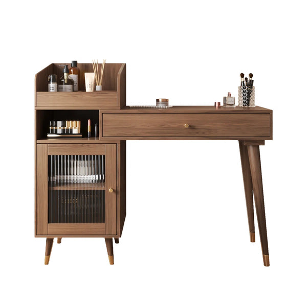Ismar Walnut Storage Makeup Vanity Adjustable Desk,Dressing Table with Solid Wood Legs  Wooden Bazar