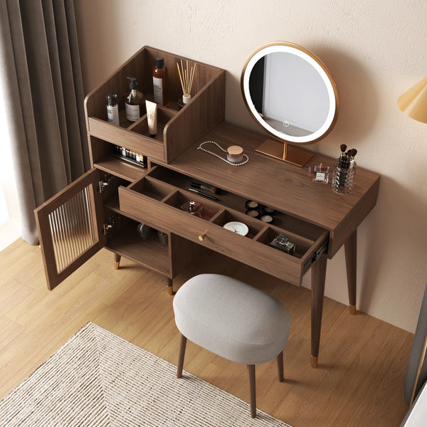 Ismar Walnut Storage Makeup Vanity Adjustable Desk,Dressing Table with Solid Wood Legs  Wooden Bazar