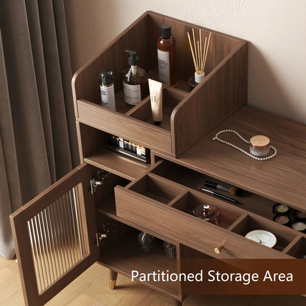 Ismar Walnut Storage Makeup Vanity Adjustable Desk,Dressing Table with Solid Wood Legs  Wooden Bazar