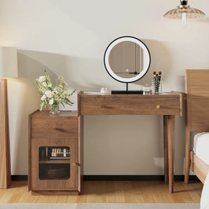 Ismar Walnut Storage Makeup Vanity Adjustable Desk With USB and Solid Wood Legs,Left and Right Installation  Wooden Bazar