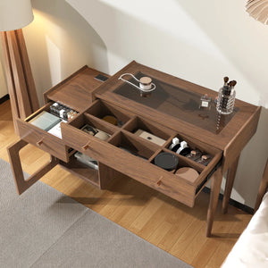 Ismar Walnut Storage Makeup Vanity Adjustable Desk With USB and Solid Wood Legs,Left and Right Installation  Wooden Bazar