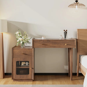 Ismar Walnut Storage Makeup Vanity Adjustable Desk With USB and Solid Wood Legs,Left and Right Installation  Wooden Bazar