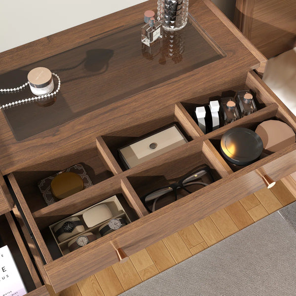 Ismar Walnut Storage Makeup Vanity Adjustable Desk With USB and Solid Wood Legs,Left and Right Installation  Wooden Bazar