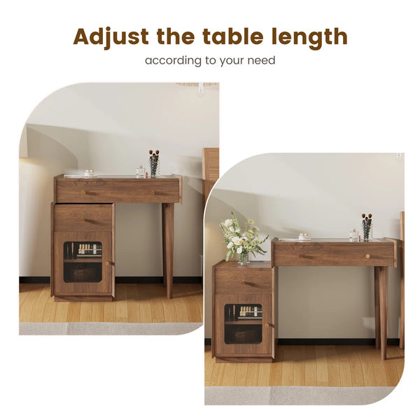 Ismar Walnut Storage Makeup Vanity Adjustable Desk With USB and Solid Wood Legs,Left and Right Installation  Wooden Bazar