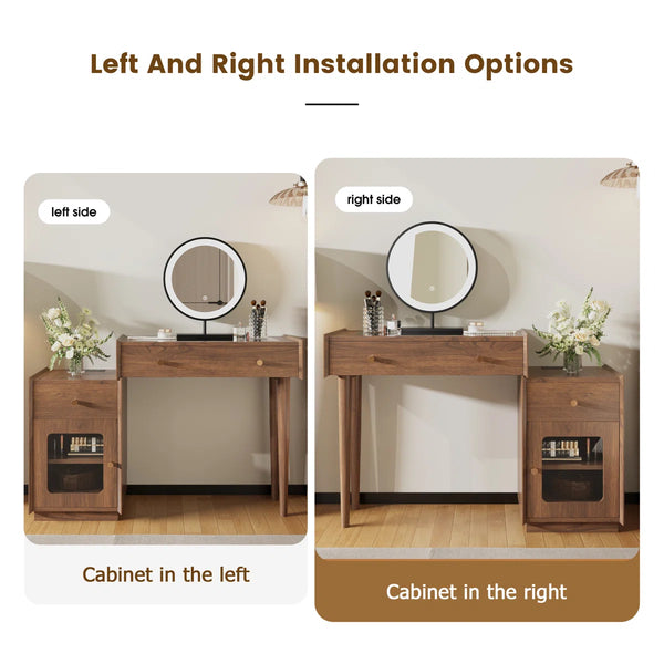 Ismar Walnut Storage Makeup Vanity Adjustable Desk With USB and Solid Wood Legs,Left and Right Installation  Wooden Bazar