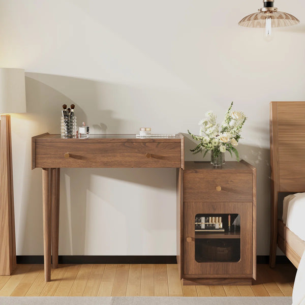 Ismar Walnut Storage Makeup Vanity Adjustable Desk With USB and Solid Wood Legs,Left and Right Installation  Wooden Bazar