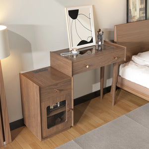 Ismar Walnut Storage Makeup Vanity Adjustable Desk With USB and Solid Wood Legs,Left and Right Installation  Wooden Bazar