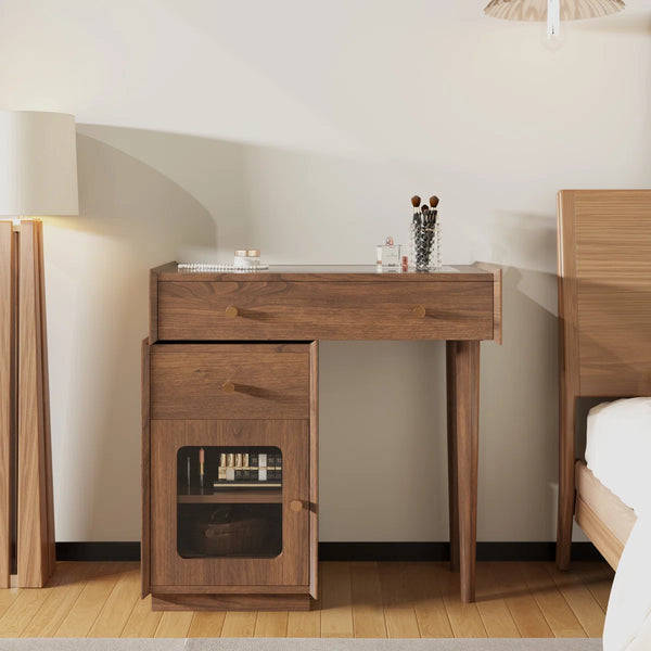 Ismar Walnut Storage Makeup Vanity Adjustable Desk With USB and Solid Wood Legs,Left and Right Installation  Wooden Bazar