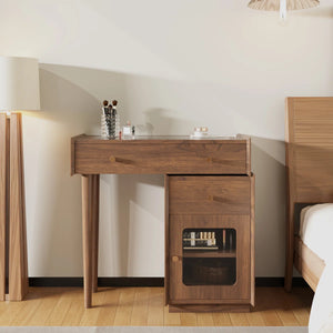 Ismar Walnut Storage Makeup Vanity Adjustable Desk With USB and Solid Wood Legs,Left and Right Installation  Wooden Bazar