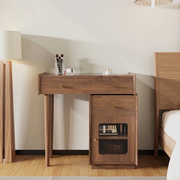 Ismar Walnut Storage Makeup Vanity Adjustable Desk With USB and Solid Wood Legs,Left and Right Installation  Wooden Bazar