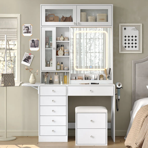Makeup Vanity Desk with Mirror, Lights, Drawers, Stool & Storage  Wooden Bazar