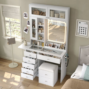 Makeup Vanity Desk with Mirror, Lights, Drawers, Stool & Storage  Wooden Bazar