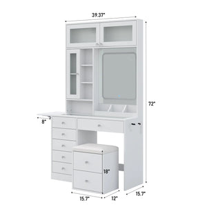 Makeup Vanity Desk with Mirror, Lights, Drawers, Stool & Storage  Wooden Bazar