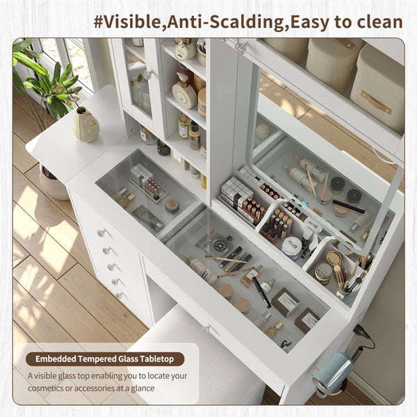 Makeup Vanity Desk with Mirror, Lights, Drawers, Stool & Storage  Wooden Bazar