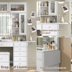 Makeup Vanity Desk with Mirror, Lights, Drawers, Stool & Storage  Wooden Bazar