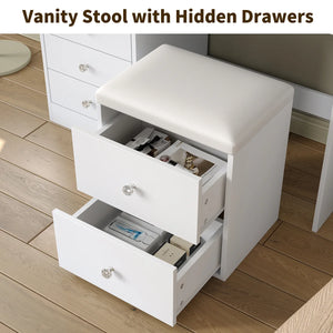 Makeup Vanity Desk with Mirror, Lights, Drawers, Stool & Storage  Wooden Bazar