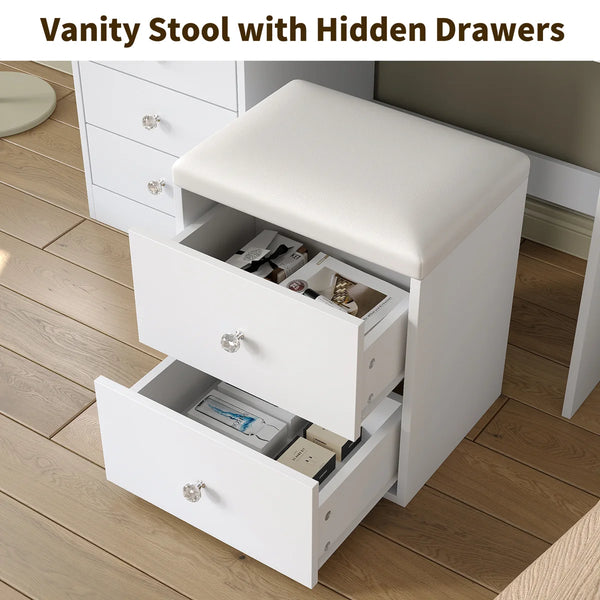 Makeup Vanity Desk with Mirror, Lights, Drawers, Stool & Storage  Wooden Bazar