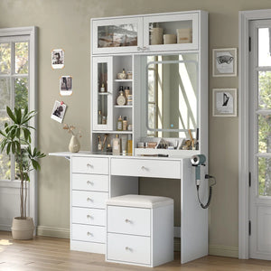 Makeup Vanity Desk with Mirror, Lights, Drawers, Stool & Storage  Wooden Bazar