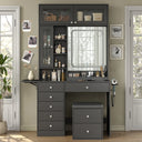 Makeup Vanity Desk with Mirror, Lights, Drawers, Stool & Storage  Wooden Bazar