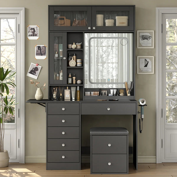 Makeup Vanity Desk with Mirror, Lights, Drawers, Stool & Storage  Wooden Bazar