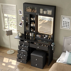 Makeup Vanity Desk with Mirror, Lights, Drawers, Stool & Storage  Wooden Bazar