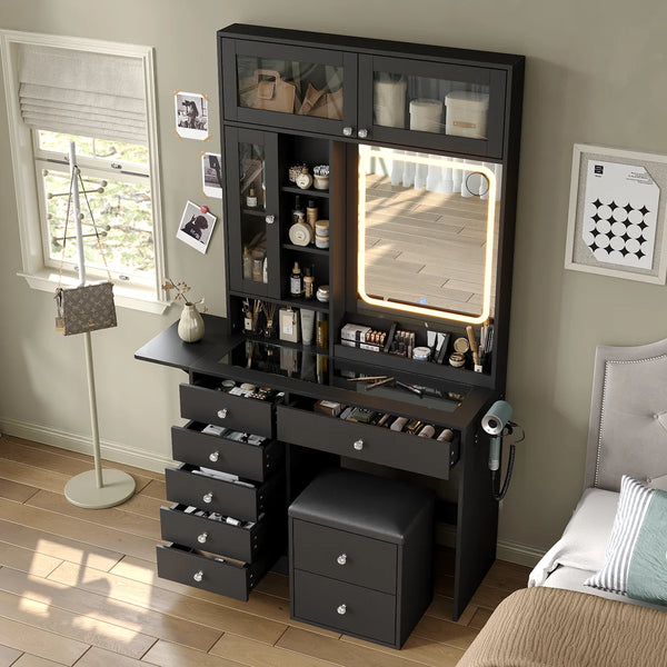 Makeup Vanity Desk with Mirror, Lights, Drawers, Stool & Storage  Wooden Bazar