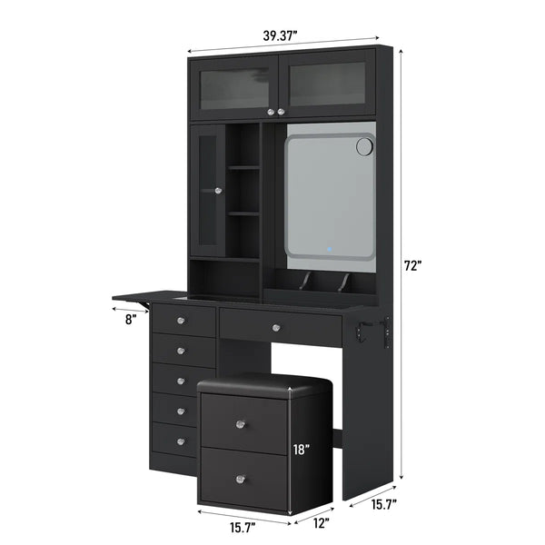 Makeup Vanity Desk with Mirror, Lights, Drawers, Stool & Storage  Wooden Bazar