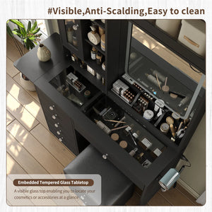 Makeup Vanity Desk with Mirror, Lights, Drawers, Stool & Storage  Wooden Bazar