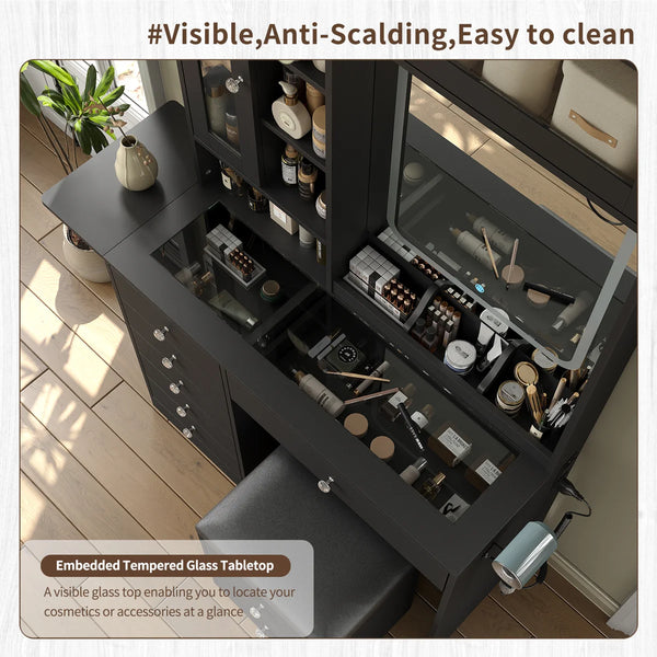 Makeup Vanity Desk with Mirror, Lights, Drawers, Stool & Storage  Wooden Bazar